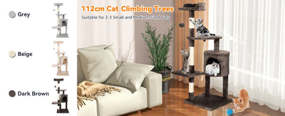 Cat tree tower available in three colours: dark brown, grey, and beige plush