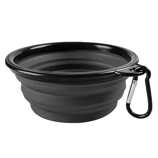 Black PawTrek foldable silicone dog travel bowl with integrated carabiner clip