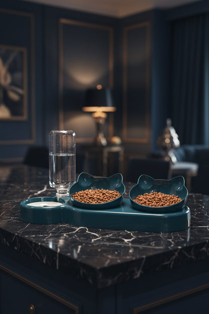 PawTrio™ dark blue 3-in-1 cat bowl set with gravity water bottle and two tilted cat-ear food bowls on a neutral background
