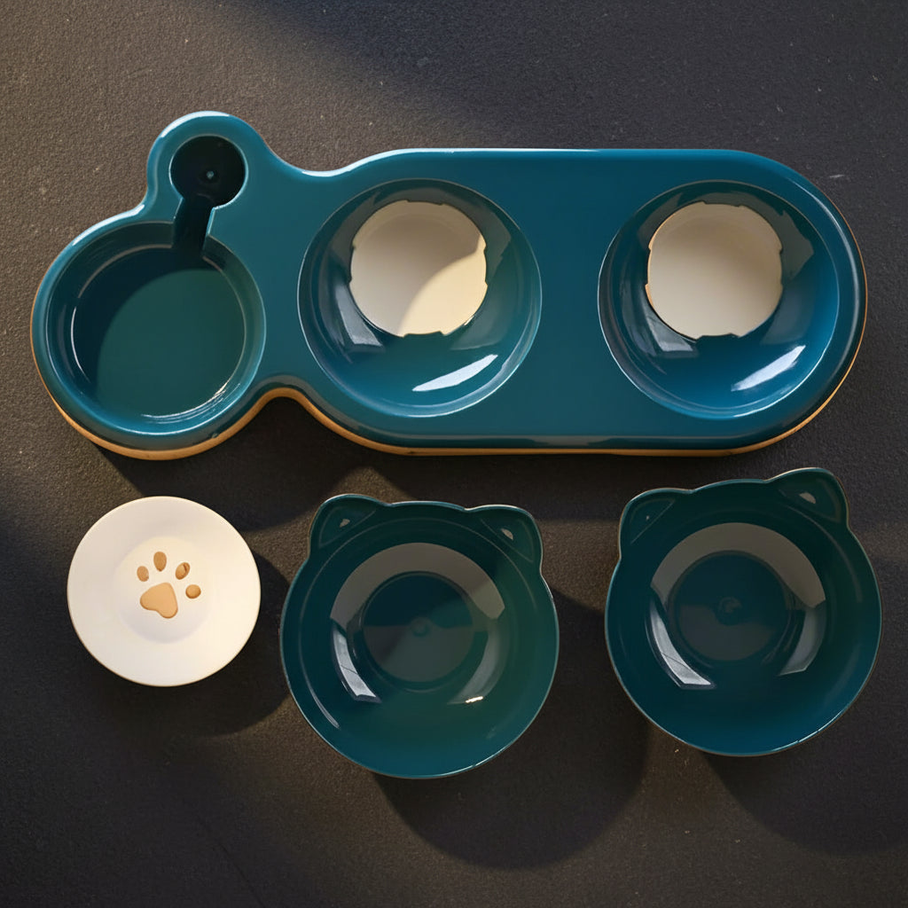 PawTrio™ cat bowl set shown with all components separated — base, two cat-ear food bowls, water receiving bowl, and gravity bottle