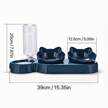 PawTrio™ cat bowl set with dimensions shown — 39cm wide and 20cm tall