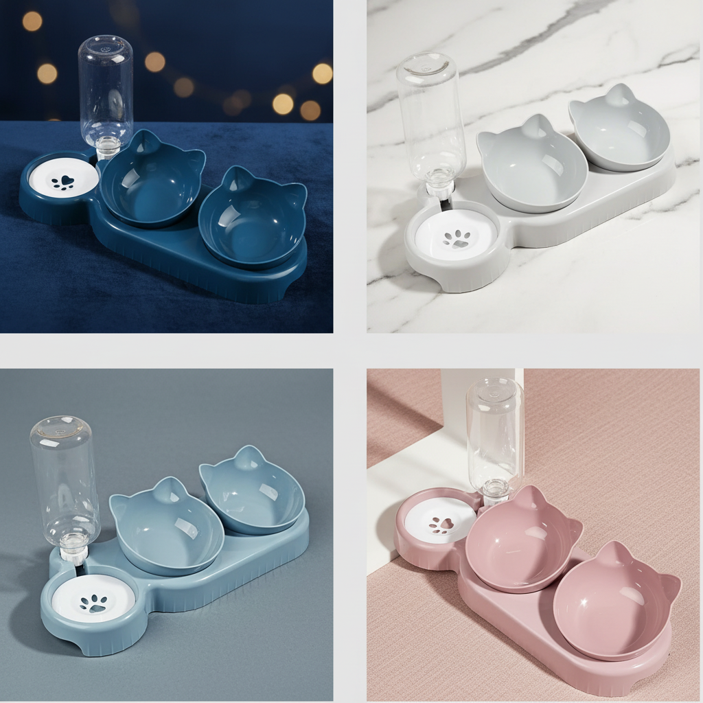 PawTrio™ 3-in-1 cat bowl sets shown in all four colours — dark blue, pink, light gray, and light blue