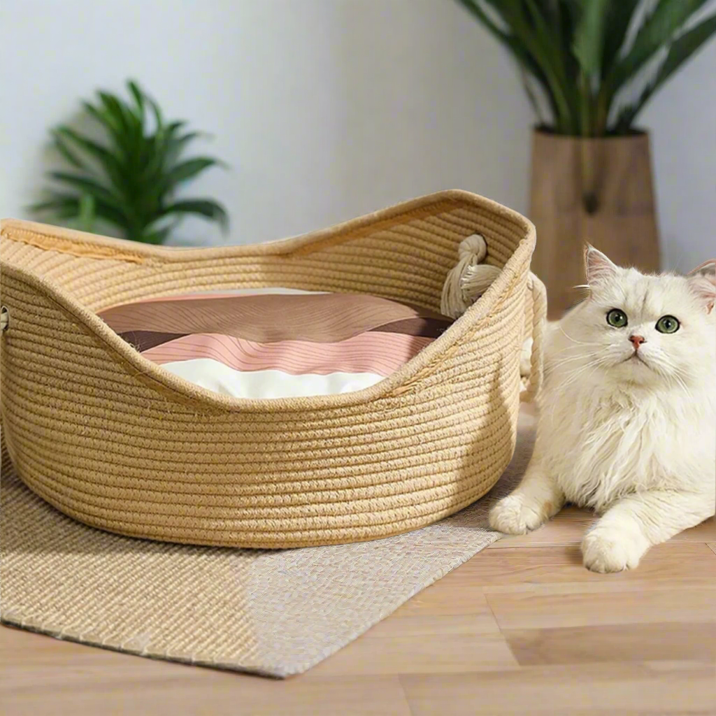 White Persian cat curled up sleeping inside PawWeave™ woven cotton rope cat basket bed