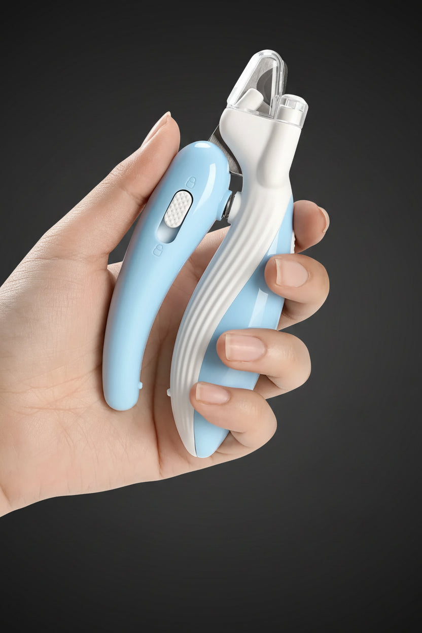 Hand holding a blue and white pet nail clipper against a white background