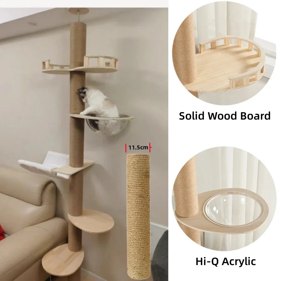 PawTower solid wood composite platform with natural sisal rope pole