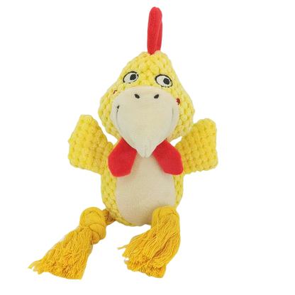 Yellow plush toy with a red bow tie on a white background
