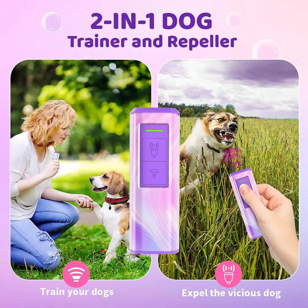 2-in-1 dog trainer and repeller with images of a woman training a dog and a dog being repelled.