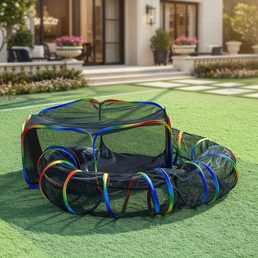 Pet playpen with rainbow-colored tunnels on a grassy area in front of a house.
