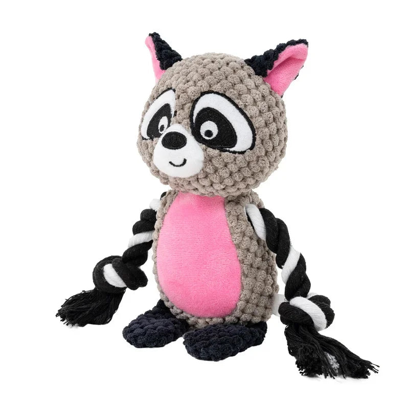 Plush toy dog toy raccoon with pink belly on a white background