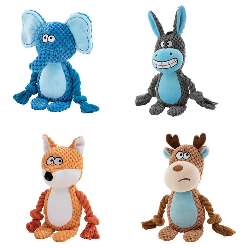 Four animal-themed dog toys on a white background