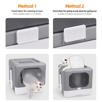 Two methods of using a pet door with a cat demonstrating different usage scenarios.