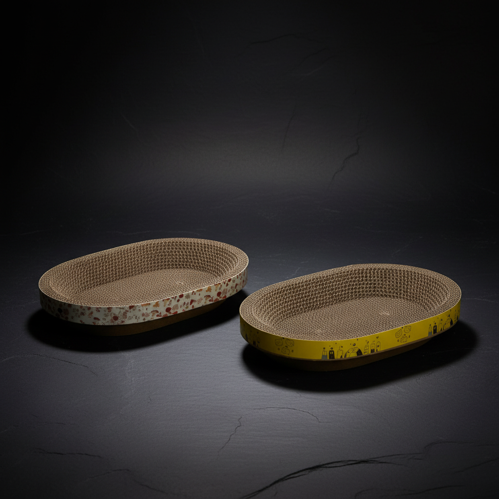 Two oval-shaped cat scratchers with different designs on a white background
