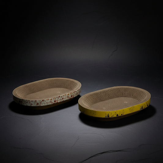 Two oval-shaped cat scratchers with different designs on a white background