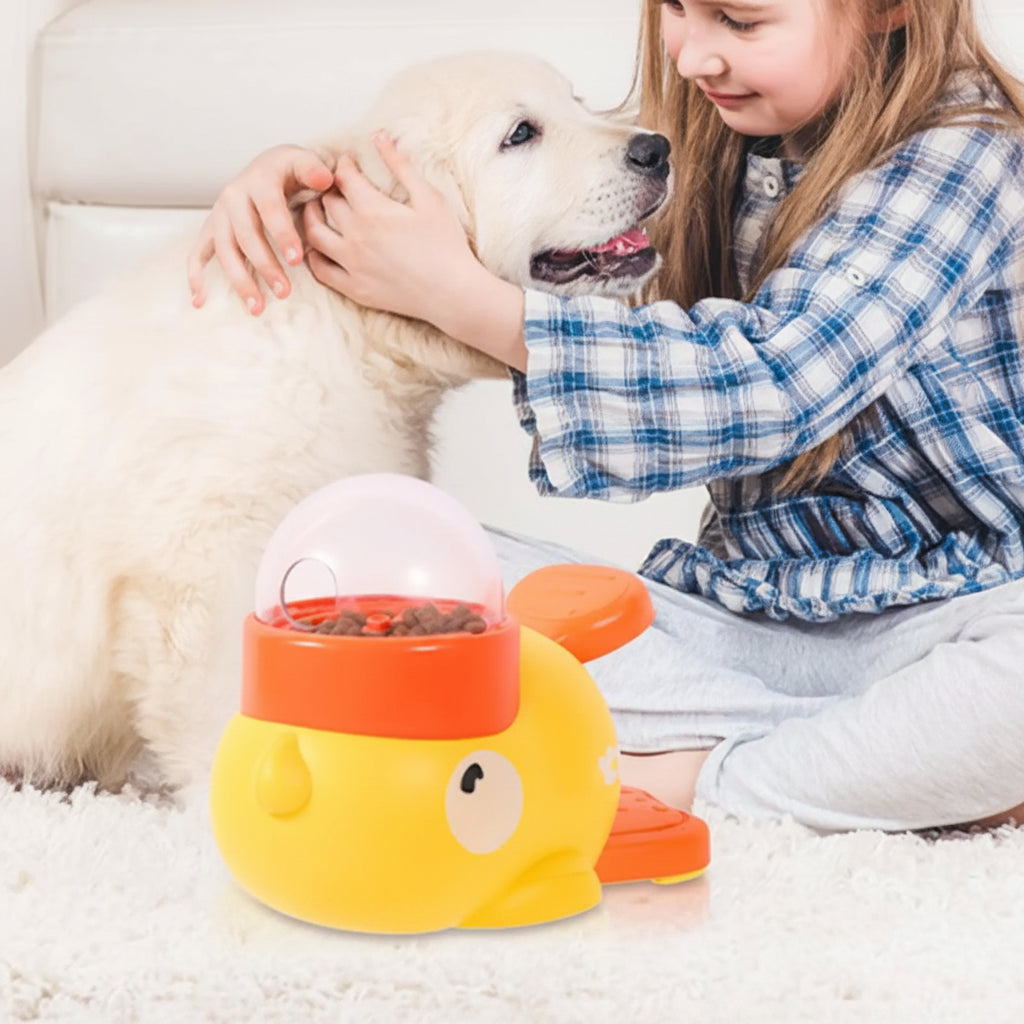 Child petting a white puppy with a yellow and orange duck-shaped pet toy on a carpeted floor.