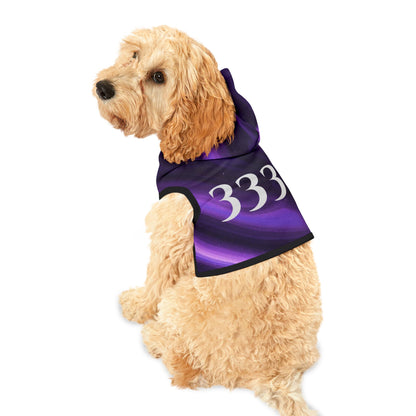Purple galaxy pet hoodie with 333 angel number design for dogs and cats