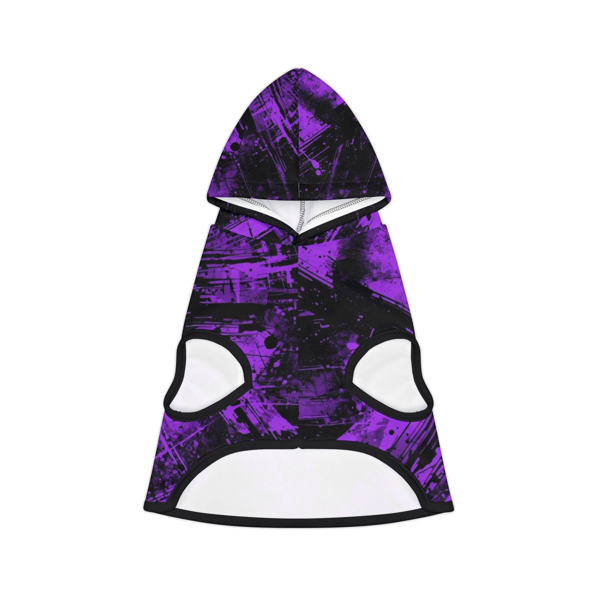 Close-up of purple and black grunge fabric on pet hoodie