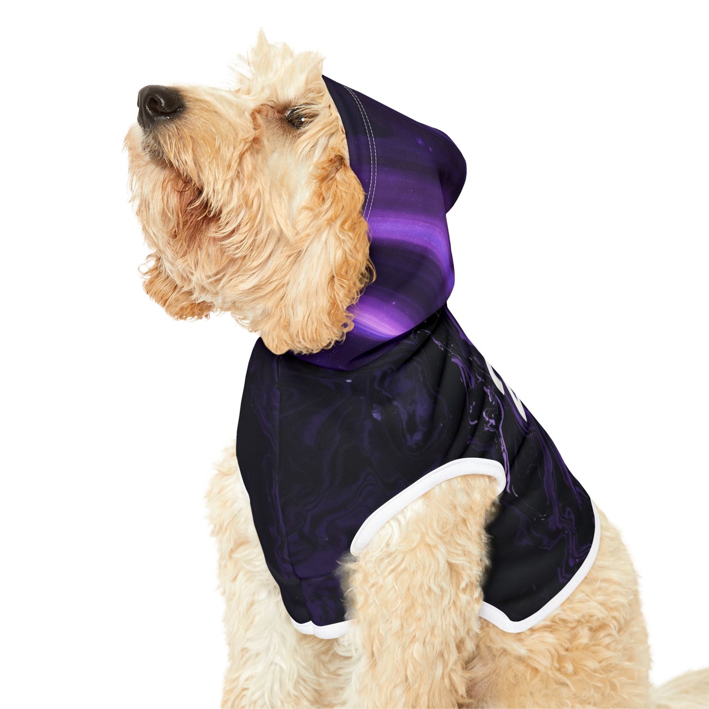 Dog wearing purple marble 222 angel number hoodie