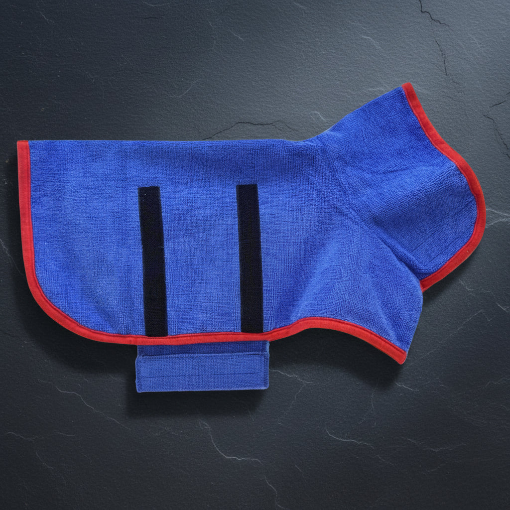 close up of microfiber dog bathrobe fabric absorbency blue