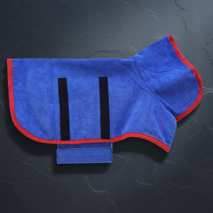 close up of microfiber dog bathrobe fabric absorbency blue