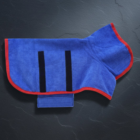 close up of microfiber dog bathrobe fabric absorbency blue