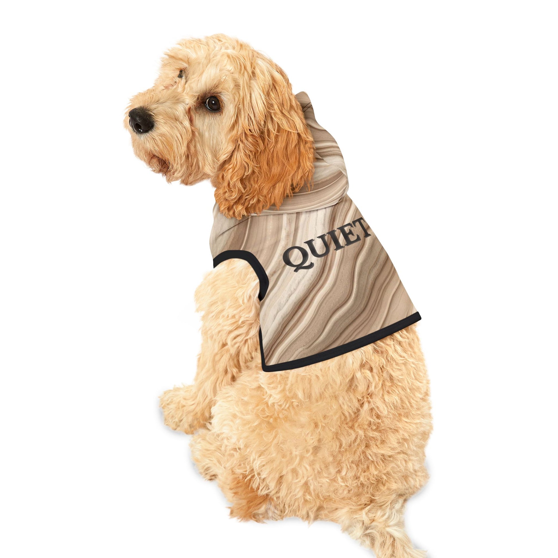 Calm neutral flow pet hoodie with soft fabric and black trim