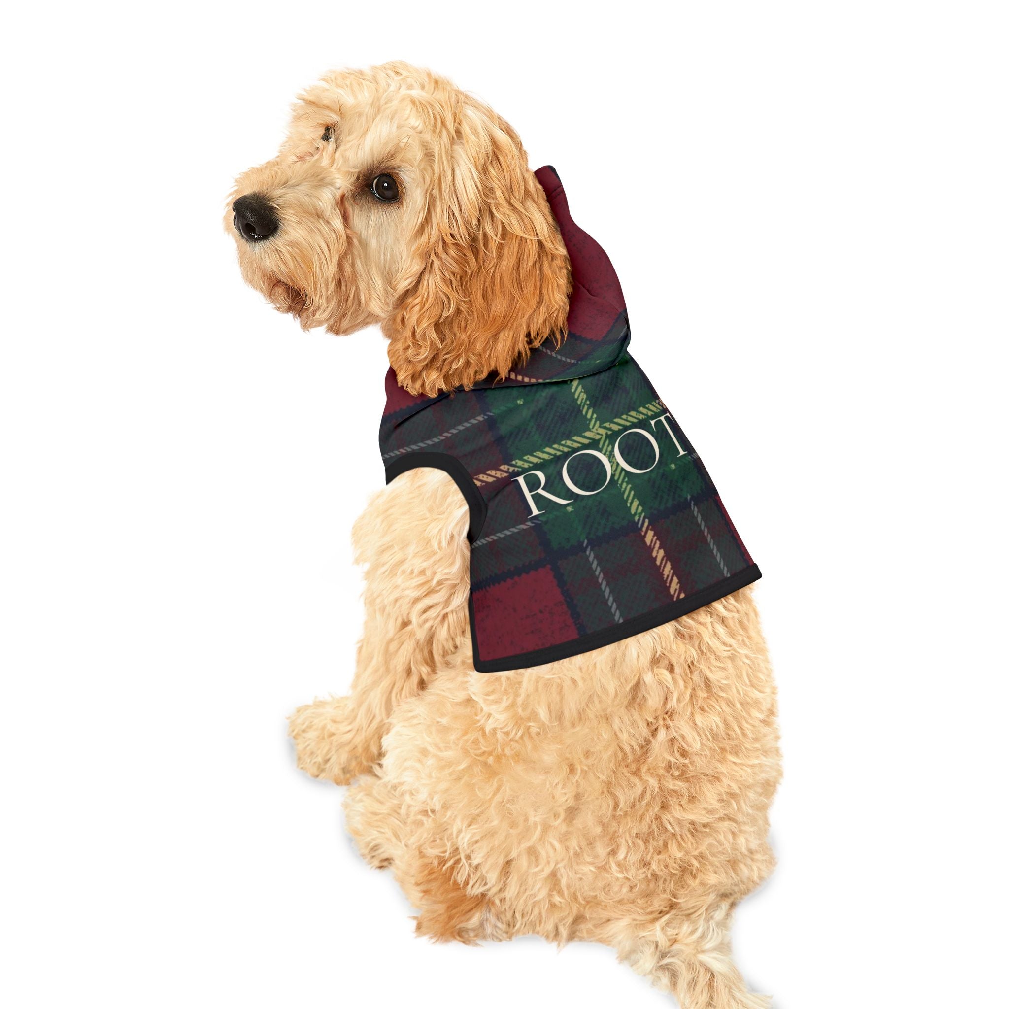 Heritage pattern dog hoodie with ROOT typography