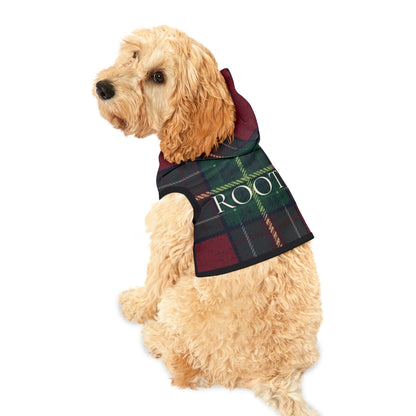 Heritage pattern dog hoodie with ROOT typography