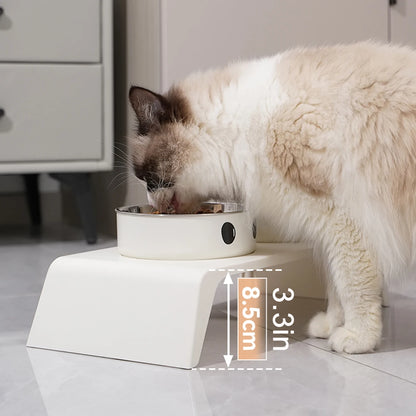 Cat drinking from a elevated white bowl with measurements on a light gray floor.