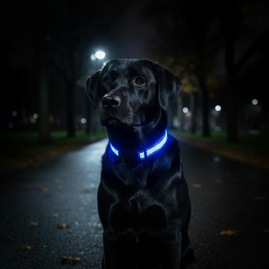 Black Labrador wearing red rechargeable LED dog collar at dusk on a tree-lined path, glow visible from a distance