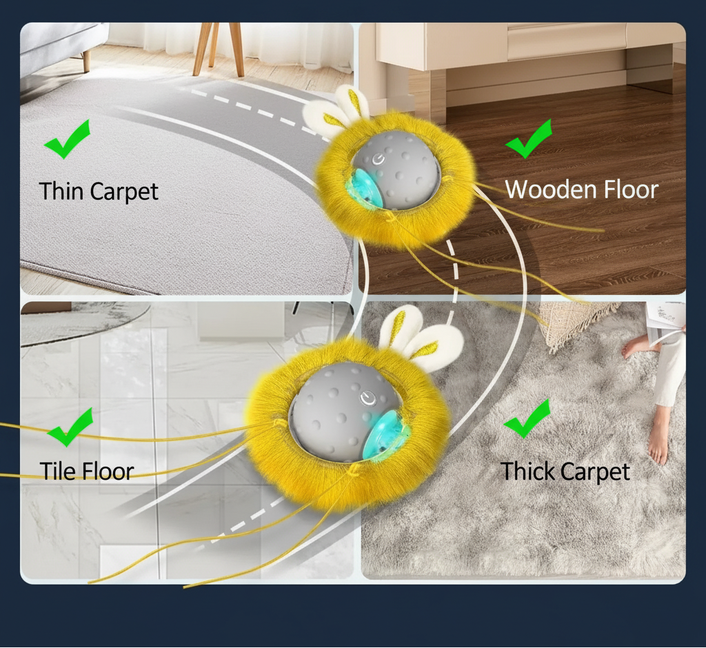 Cat toy ball with text on its suitability for different flooring types.