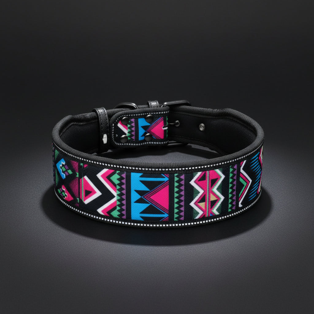 Dog collar with colorful geometric pattern on a white background