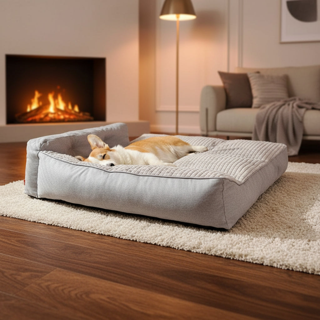 Orthopedic dog bed in grey — front view showing raised bolster edges and foam base — SniffWaggleNWalk