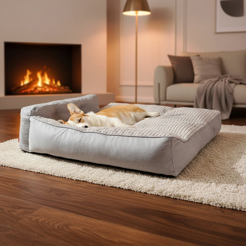Orthopedic dog bed in grey — front view showing raised bolster edges and foam base — SniffWaggleNWalk