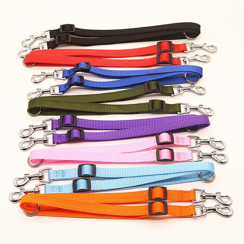 TwinWalk™ adjustable two-dog lead coupler in lake blue — 30–50cm adjustable arms with chrome swivel snap hooks and D-ring