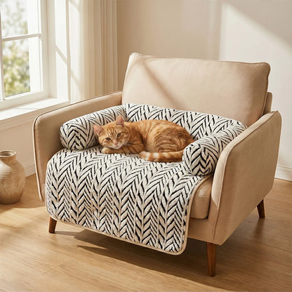 PawGuard plush sofa protector cushion for cats and dogs, white herringbone pattern