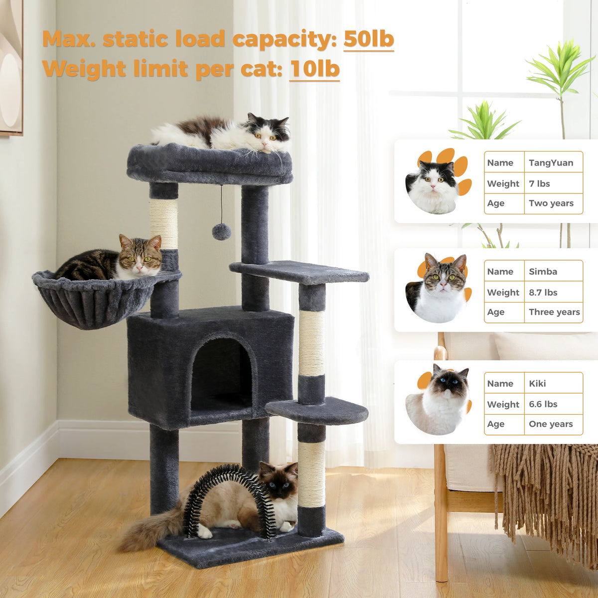 Multi-Level Cat Tree with Sisal Scratching Posts, Hammock & Arch Grooming Brush — PawArch™