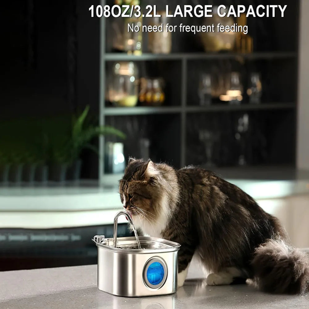 PawBrook™ Stainless Steel Cat Water Fountain — 3.2L, Sensor-Activated, Quiet, Water-Level Window