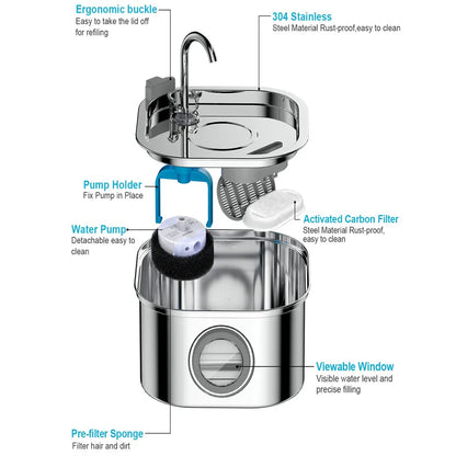 PawBrook™ Stainless Steel Cat Water Fountain — 3.2L, Sensor-Activated, Quiet, Water-Level Window