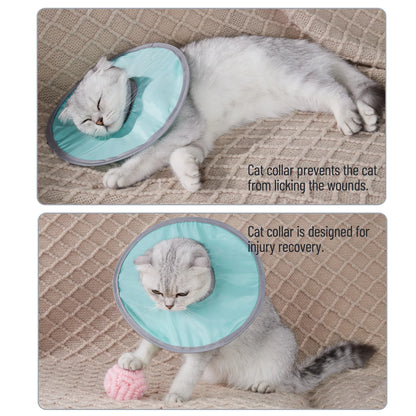Cat recovery cone in green, soft fabric with ribbed neck
