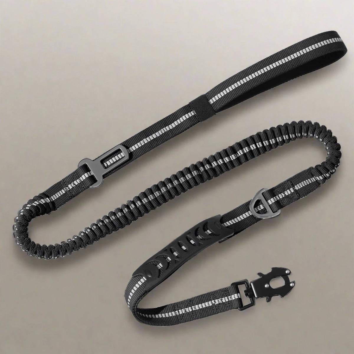 SniffWaggleNWalk BungeeGuard™ army green bungee dog lead with seat belt clip and carabiner — flat lay