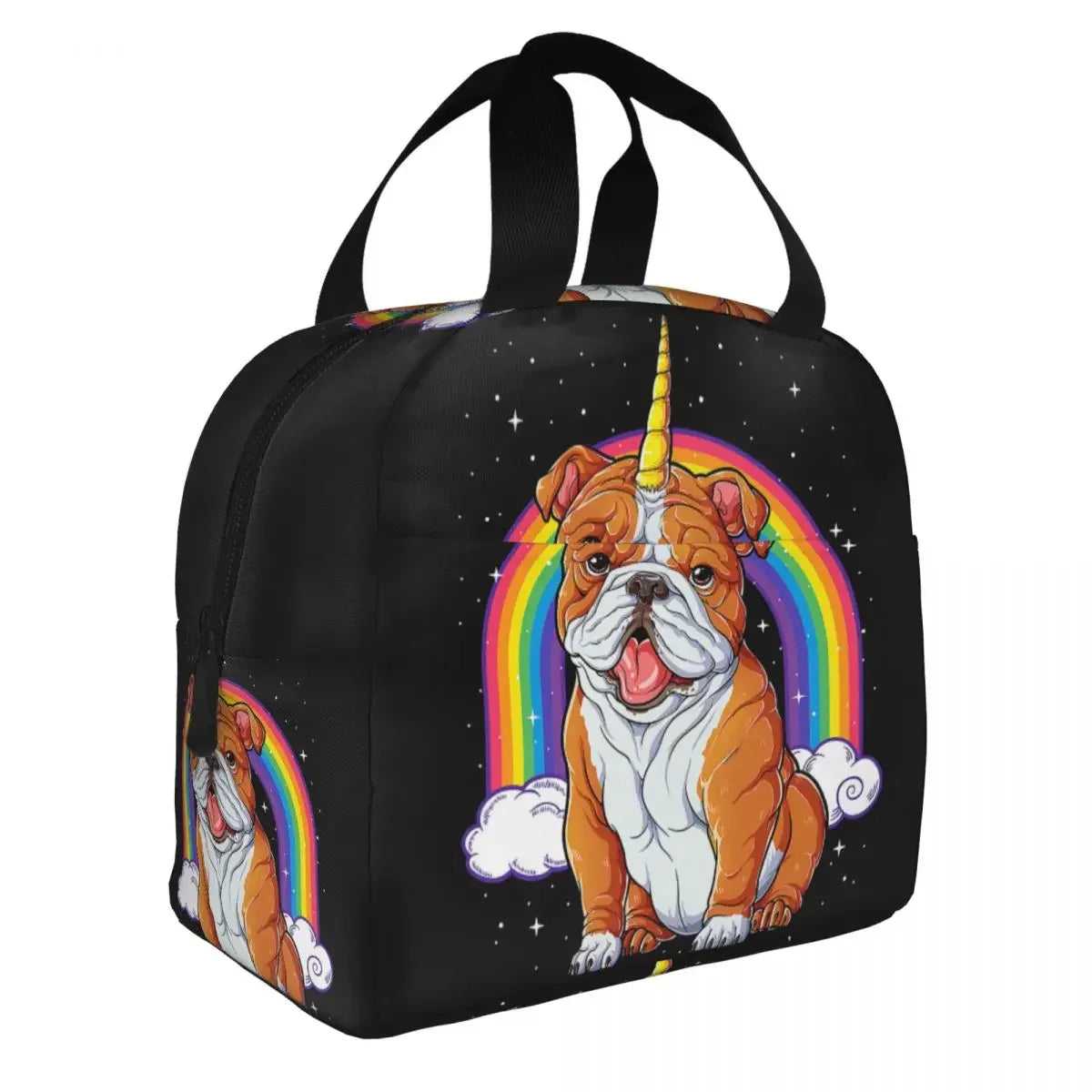 English bulldog illustrated insulated tote bag — bold funny design, 22x20x13cm, for work or school