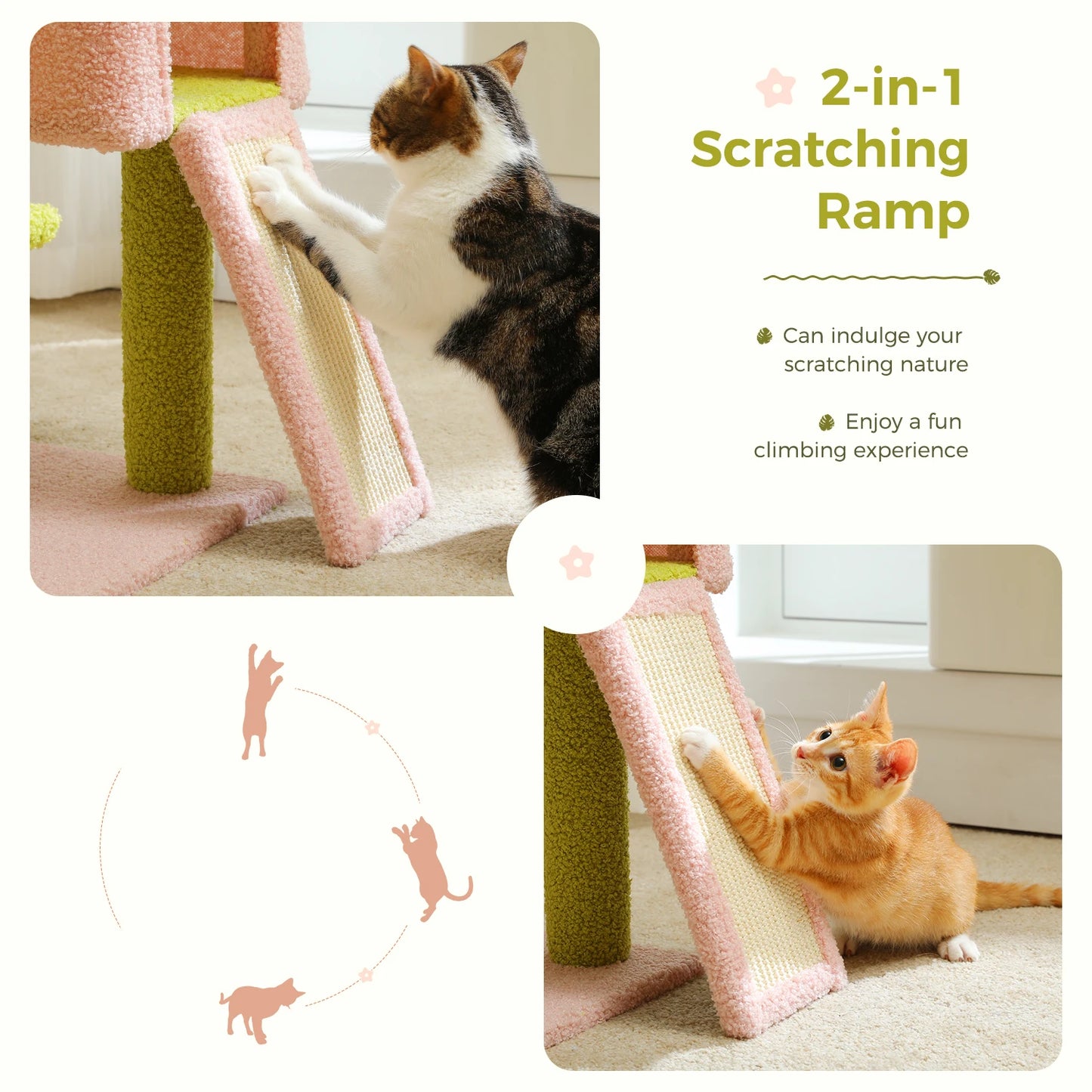 “Blossom Haven Cat Tower – Multi-Level Condo with Hammock, Ramp & Scratching Posts for Indoor Cats”
