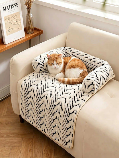 PawGuard plush sofa protector cushion for cats and dogs, white herringbone pattern