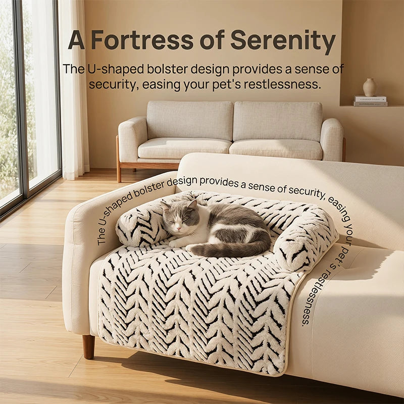 PawGuard plush sofa protector cushion for cats and dogs, white herringbone pattern