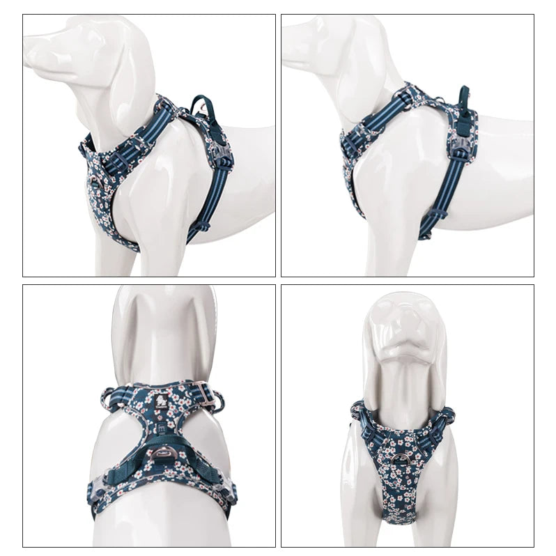 Safety aluminium alloy buckle detail on the flower-print dog harness