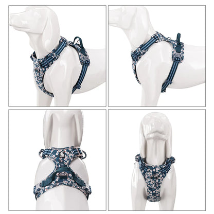 Safety aluminium alloy buckle detail on the flower-print dog harness