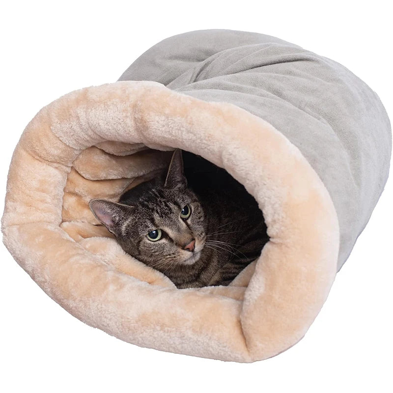 Warm semi-enclosed cat sleeping bag in grey, fluffy cloud-soft fabric