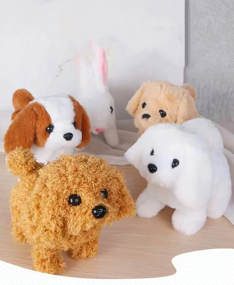 Baby and father playing with WoofWalker™ electronic walking plush puppy toy