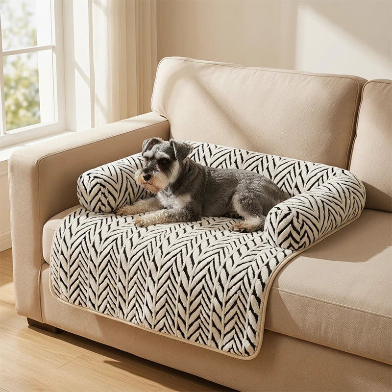 PawGuard plush sofa protector cushion for cats and dogs, white herringbone pattern