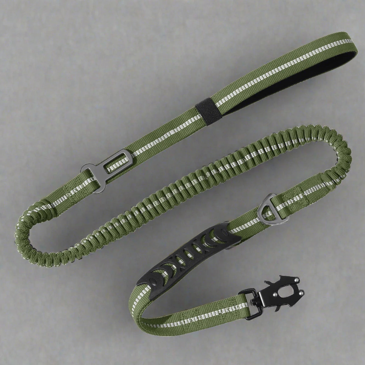 BungeeGuard™ black bungee dog lead with seat belt clip — flat lay showing full length and all components
